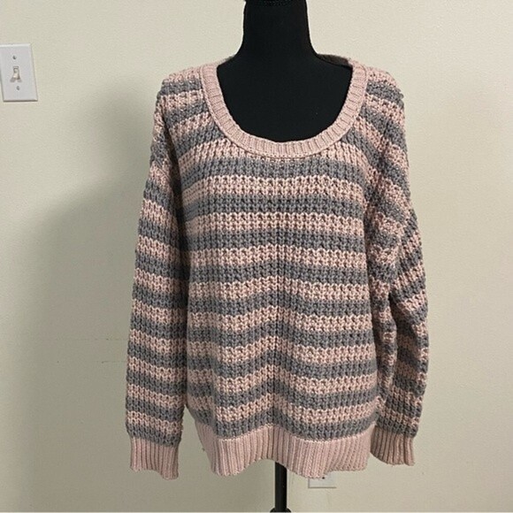 Free People Sweater Women’s Size Medium Pink Gray At The Beach Striped Sweater - Picture 1 of 13